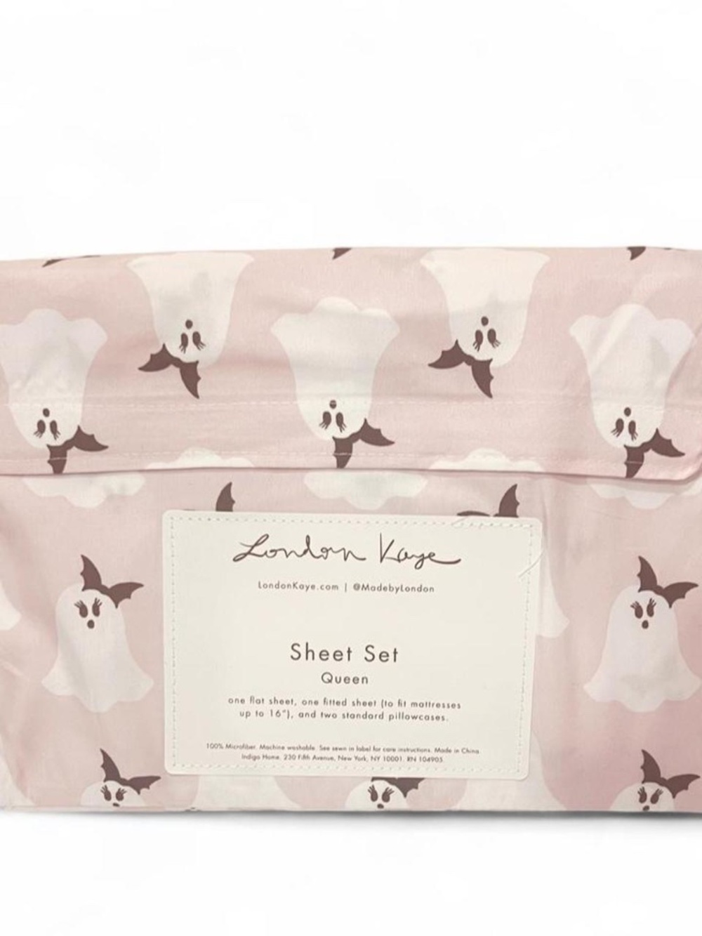 London Kaye Pretty Ghost Halloween Queen Sheet Set Pink 4 Piece Spooky NWT